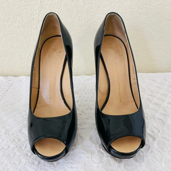 Giuseppe Zanotti Design Italian Black Patent Leather Peep-Toe Pumps Shoes 38 EUC - Picture 2 of 13